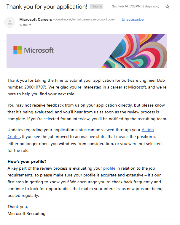 Gmail email confirmation preview showing job application tracking